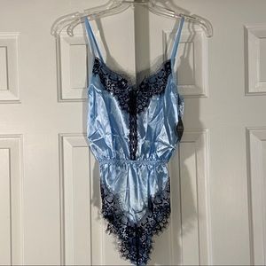 NWT Zaful Baby Blue W/ Black Lace Trim Satin Teddy